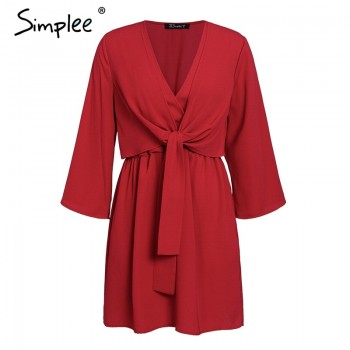 Simplee Vintage long sleeve chiffon summer dress women Black bow office Black Red Yellow